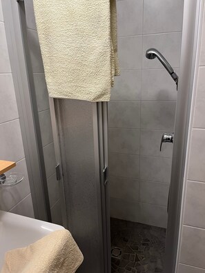 Chuveiro, secador de cabelo, toalhas de banho 