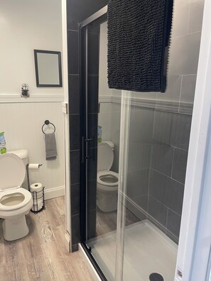 Combined shower/bathtub, toilet paper
