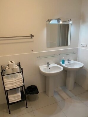 Combined shower/bathtub, towels