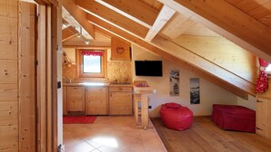 A wooden interior with a kitchen, a red bean bag, and a television on the wall.