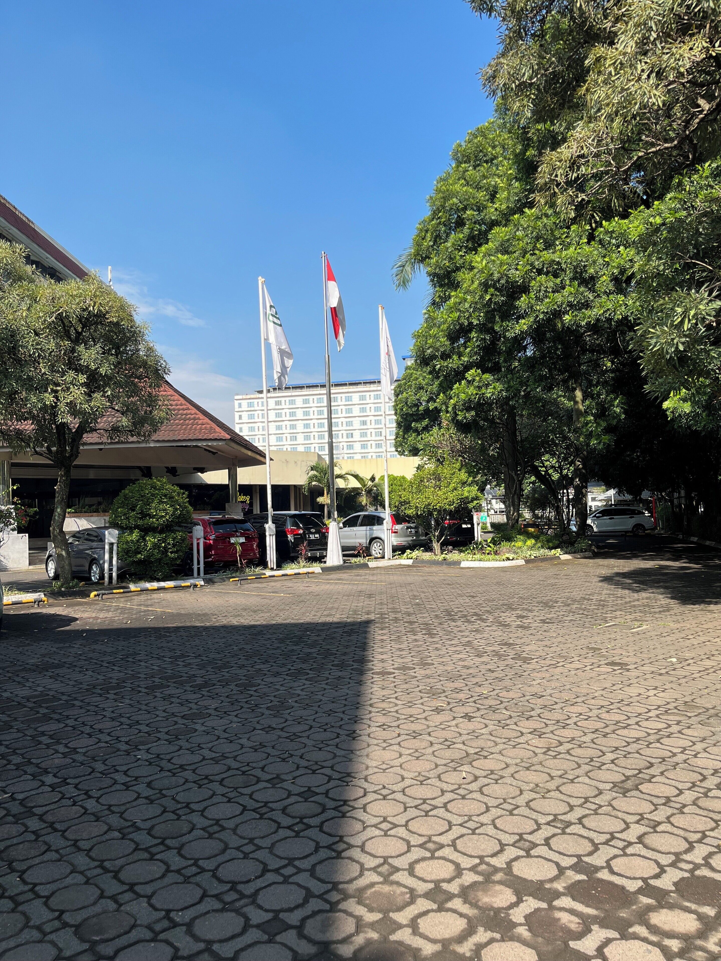 A paved entrance area with a building in the background, several flags, and parked cars.