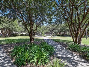 Stroll along the paved pathway through the serene park, lined with mature trees and lush greenery, leading to a tranquil seating area.