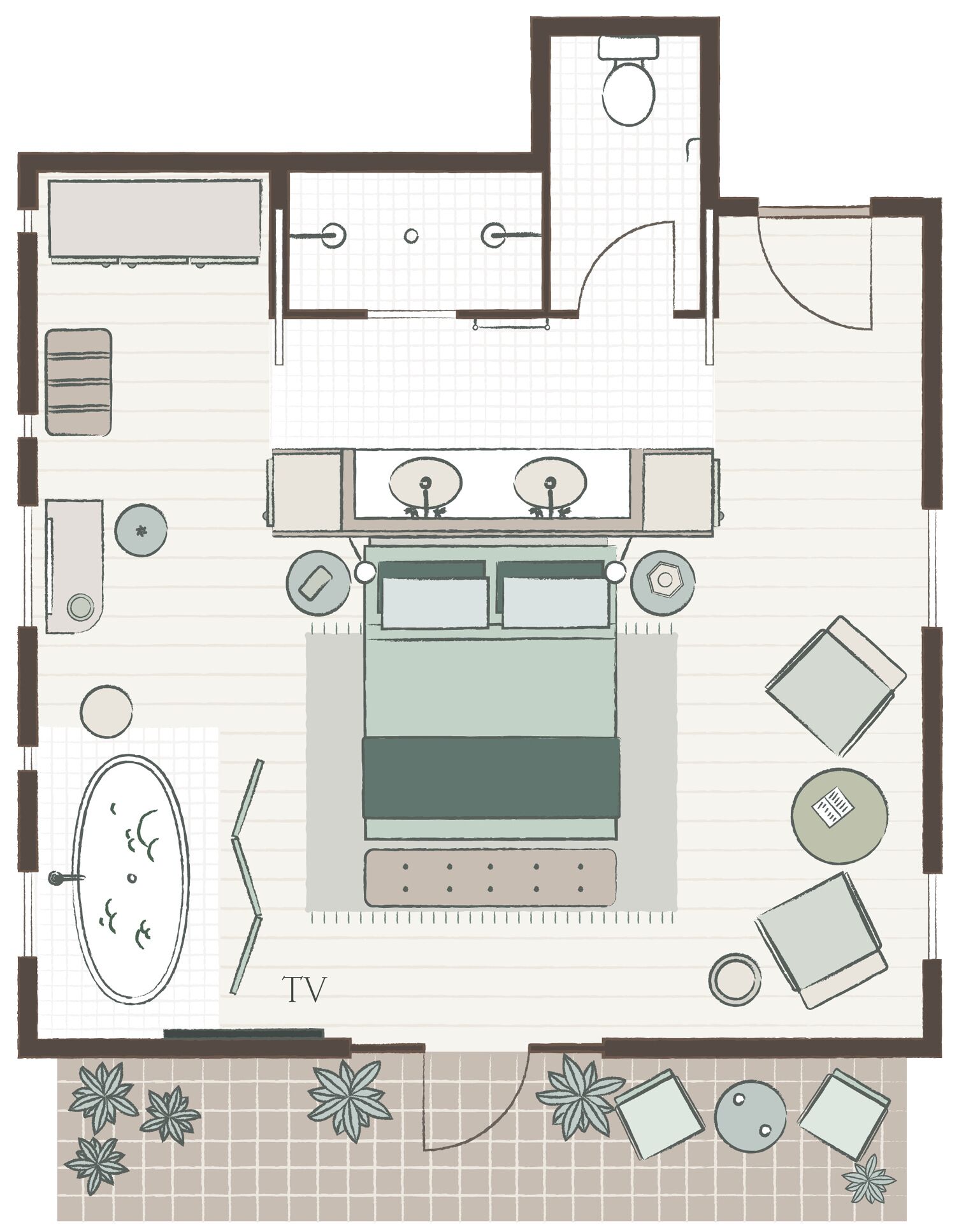 A bedroom with a bed, TV, and a bathroom with a toilet and sink.