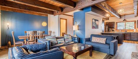 Smart TV, fireplace, table football, books