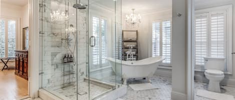 Combined shower/tub, hair dryer, towels, soap