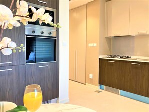 Fridge, microwave, oven, electric kettle