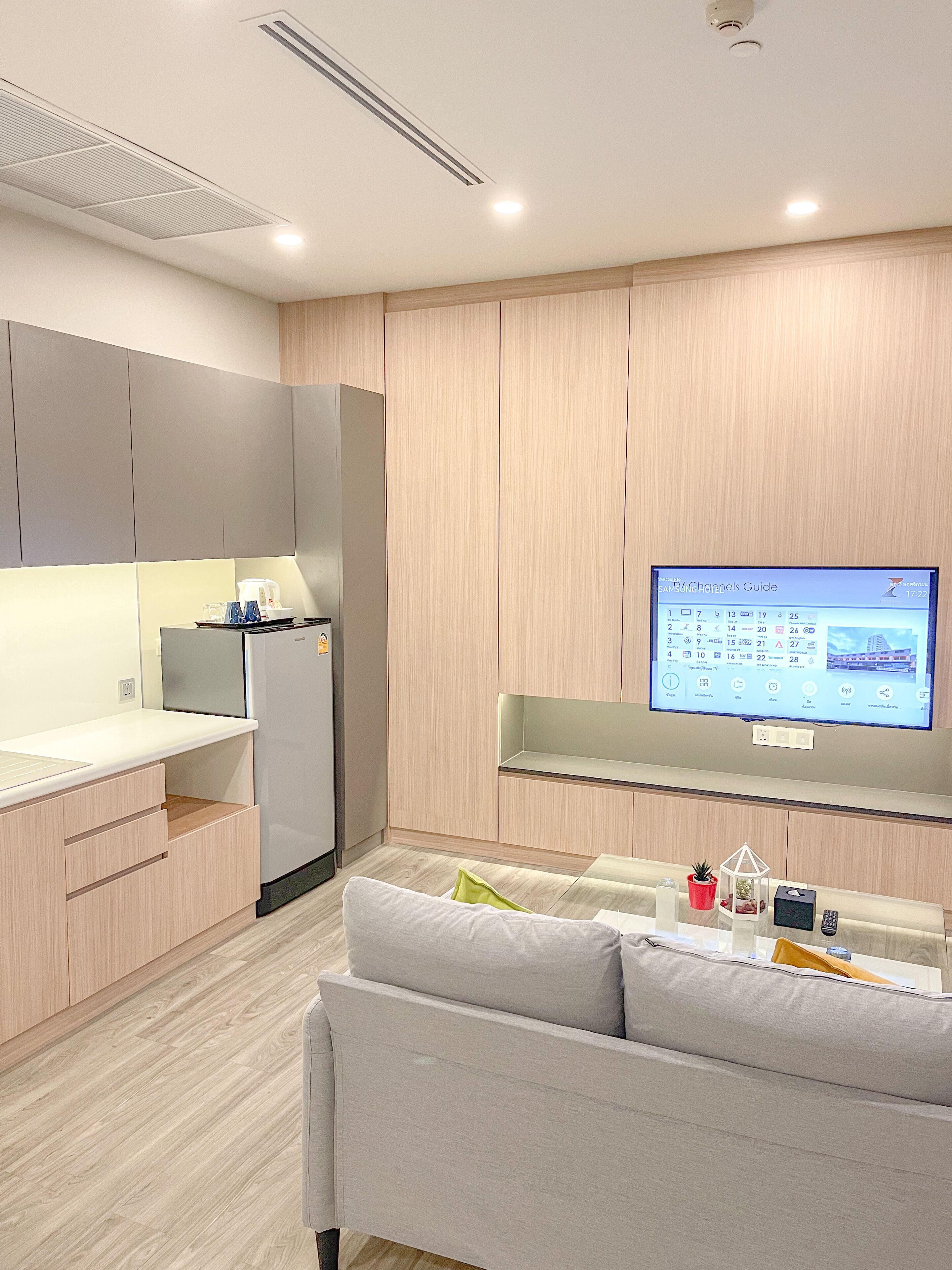 A modern kitchen with a built-in refrigerator, a flat-screen TV mounted on the wall, and a grey sofa in the living area.