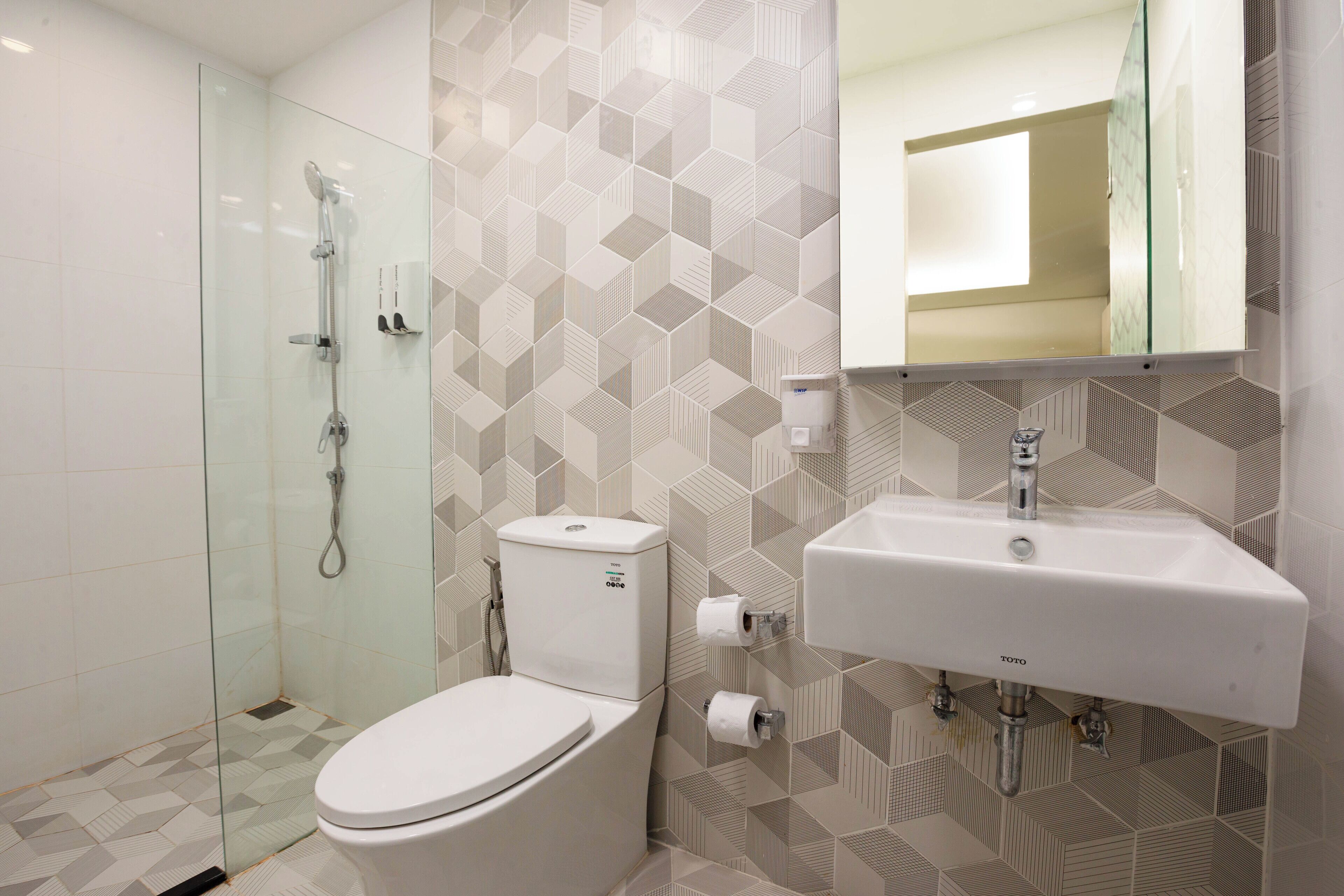 A modern bathroom with a glass shower enclosure, a toilet, and a sink with a mirror above it.