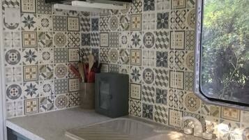 Cabin | Private kitchen | Fridge, microwave, stovetop, electric kettle
