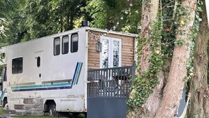 Een witte camper met een klein houten bijgebouwtje, mogelijk een schuurtje of opbergruimte, geparkeerd naast een boom.