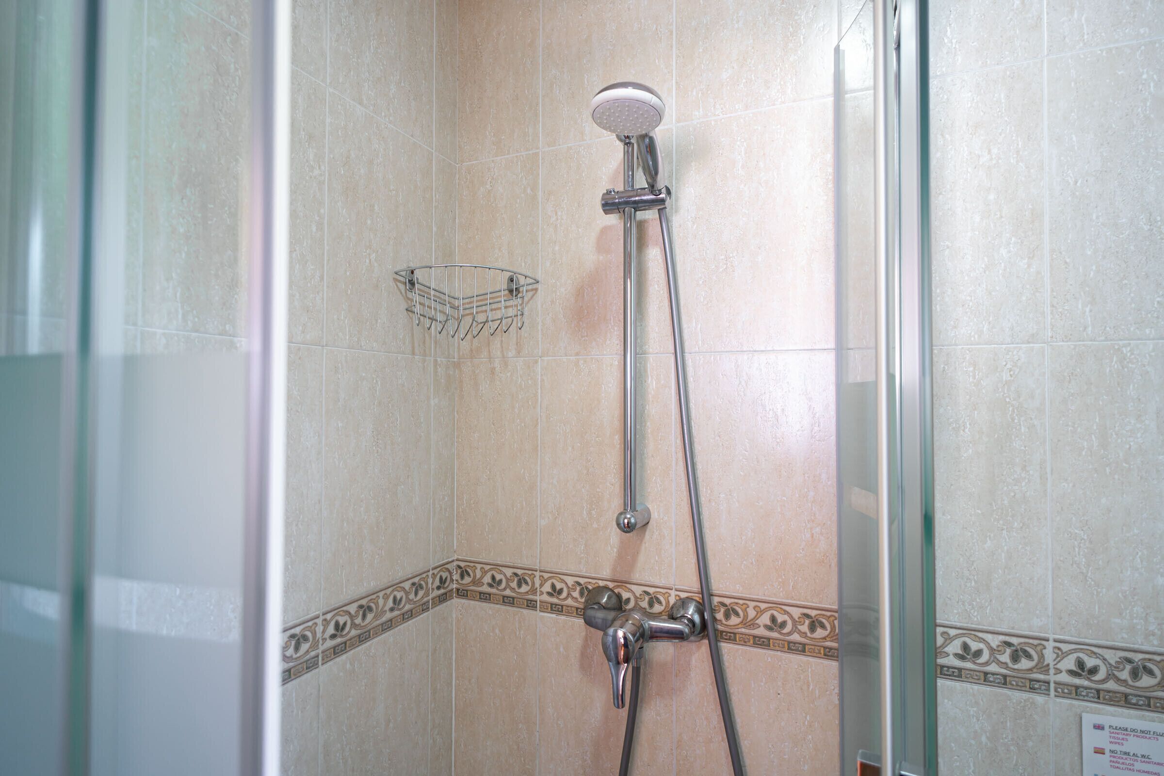 Een douche met een handdouche en een douchekop aan de muur, een hoekwastafel met een metalen zeepbakje, en decoratieve tegelranden.