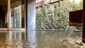 A water feature in a building with a view of a rocky garden.