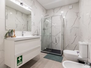 Shower, hair dryer, bidet, towels