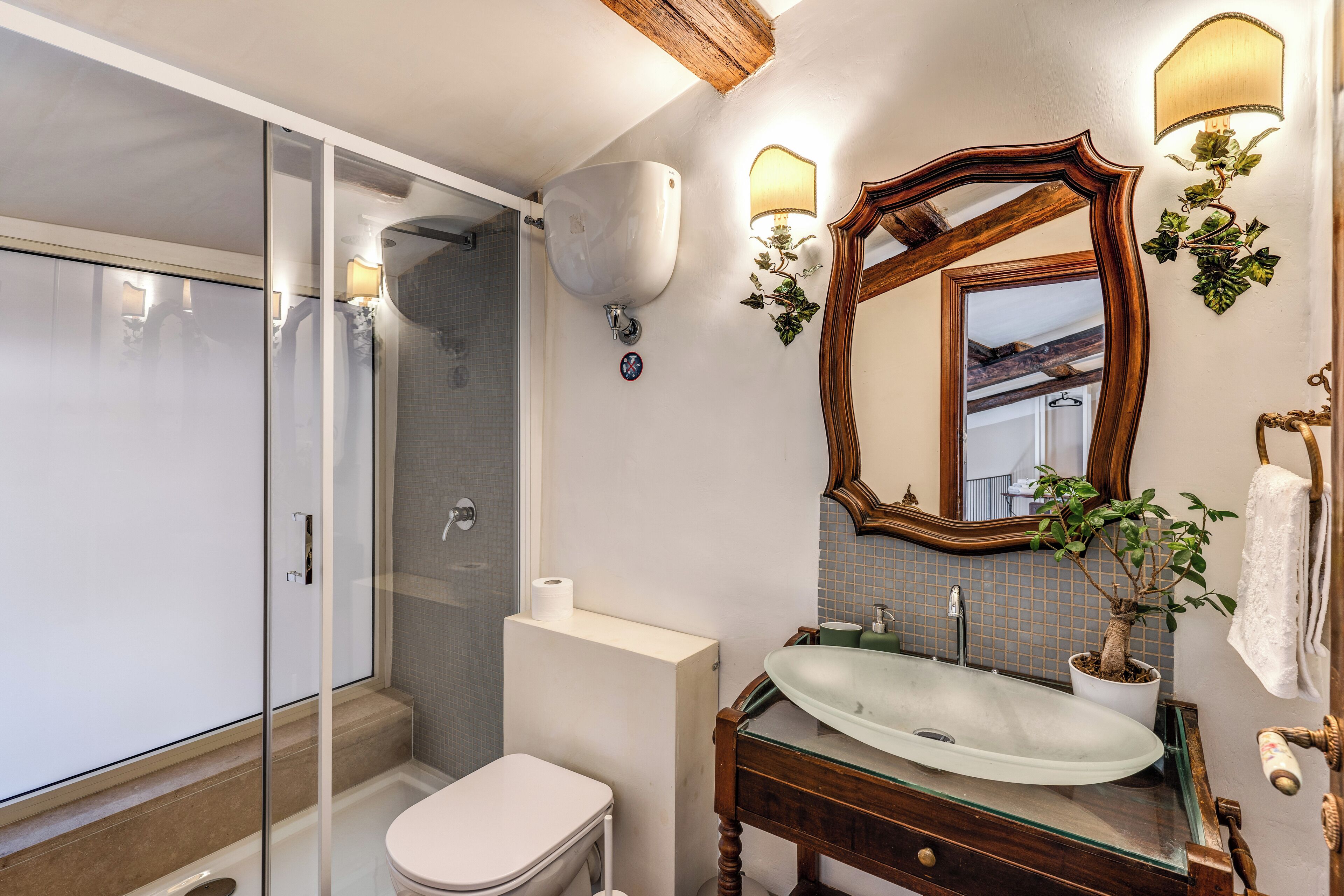Shower, hair dryer, bidet, towels