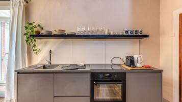 Fridge, oven, stovetop, coffee/tea maker