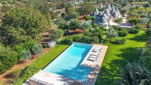 Une grande piscine rectangulaire bordée d’une terrasse en pierre, entourée de pelouses et d’arbres parfaitement entretenus.