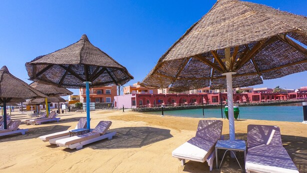A beach with sun loungers and thatched umbrellas, a clear blue sky, and a body of water in the background. - MG Alexander The Great (Marsa Alam)