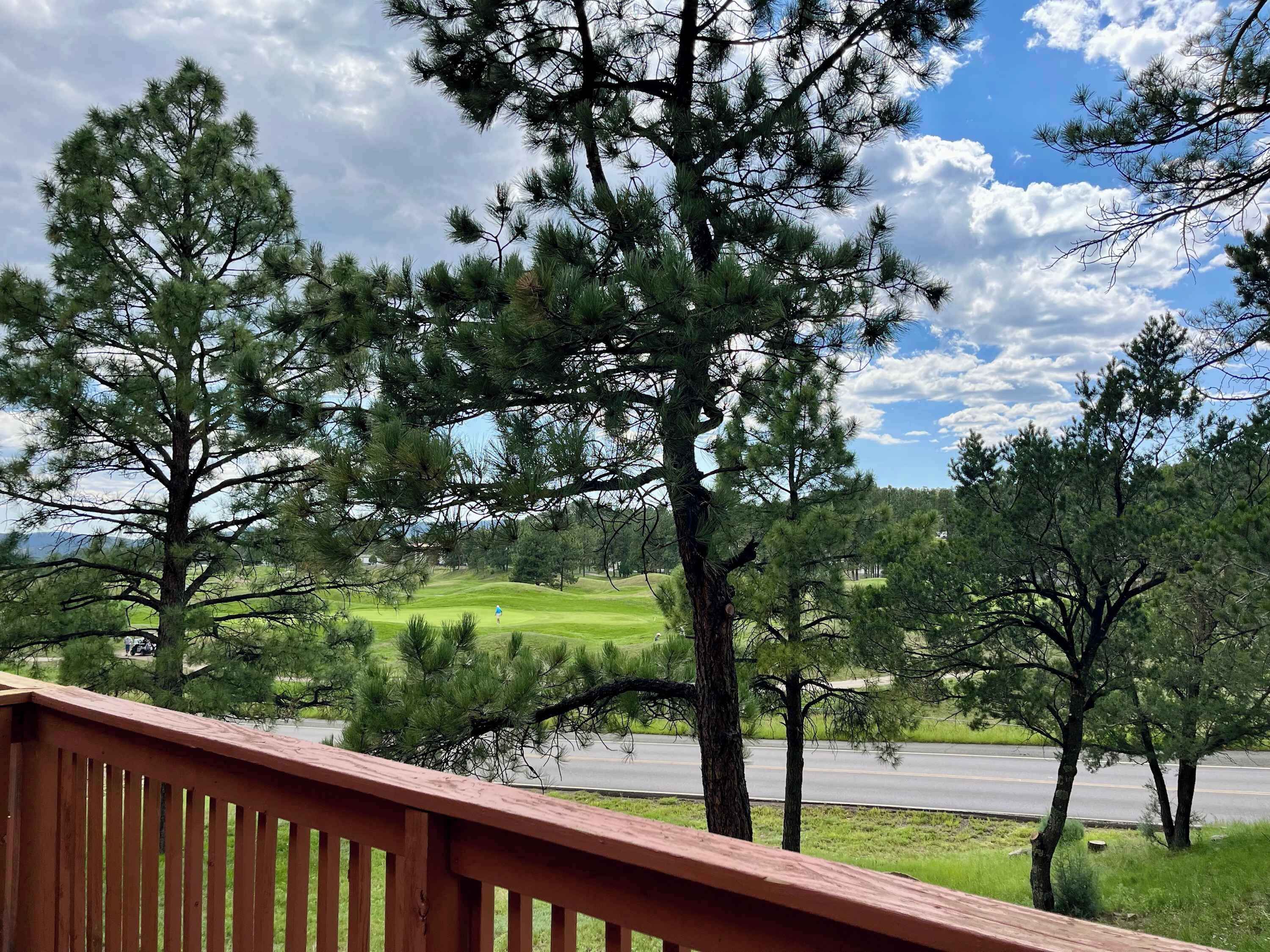 A view from a wooden deck overlooking a road with a golf course in the distance.