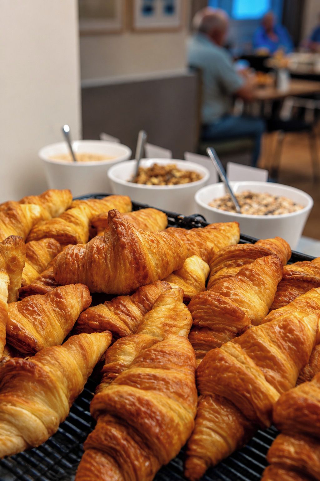 Un buffet avec des croissants et des plats variés.