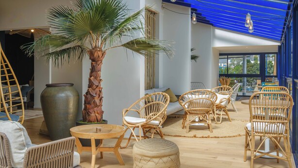 A spacious lounge area with wicker furniture, a palm tree, and a large vase. - Hôtel l'escale marine (Crozon)
