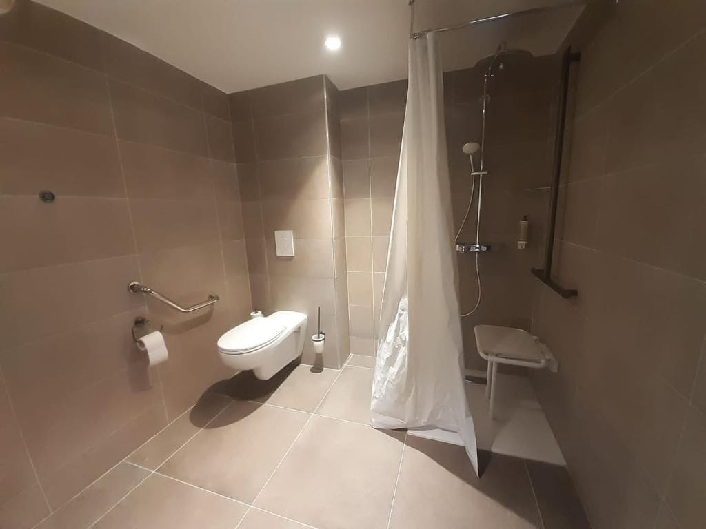 Une salle de bain avec des toilettes, une douche et un lavabo.