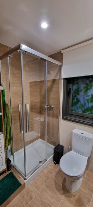 Shower, hair dryer, towels, soap