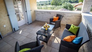Eine überdachte Terrasse mit Korbmöbeln, einem Tisch mit Obst und Getränken und Blick auf eine grüne Landschaft.