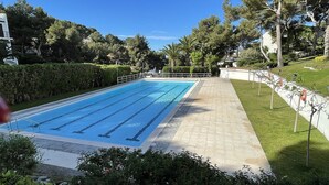 Ein Schwimmbecken mit deutlich markierten Bahnen, umgeben von einem gepflasterten Weg und üppiger Vegetation.
