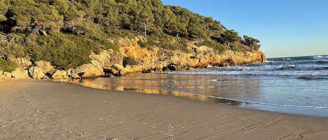 在海灘附近、躺椅、沙灘巾