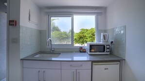 Una cocina compacta con ventana, microondas y fregadero.