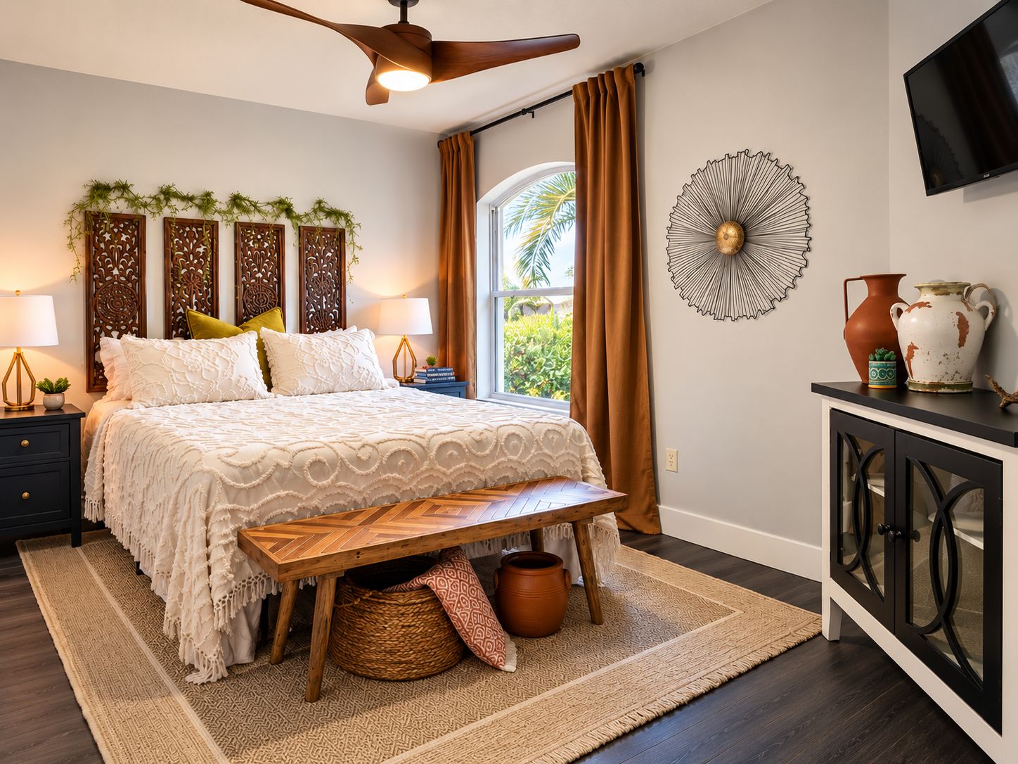 A bedroom with a bed, bedside tables, a desk, a television, decorative wall art, and a window with curtains.