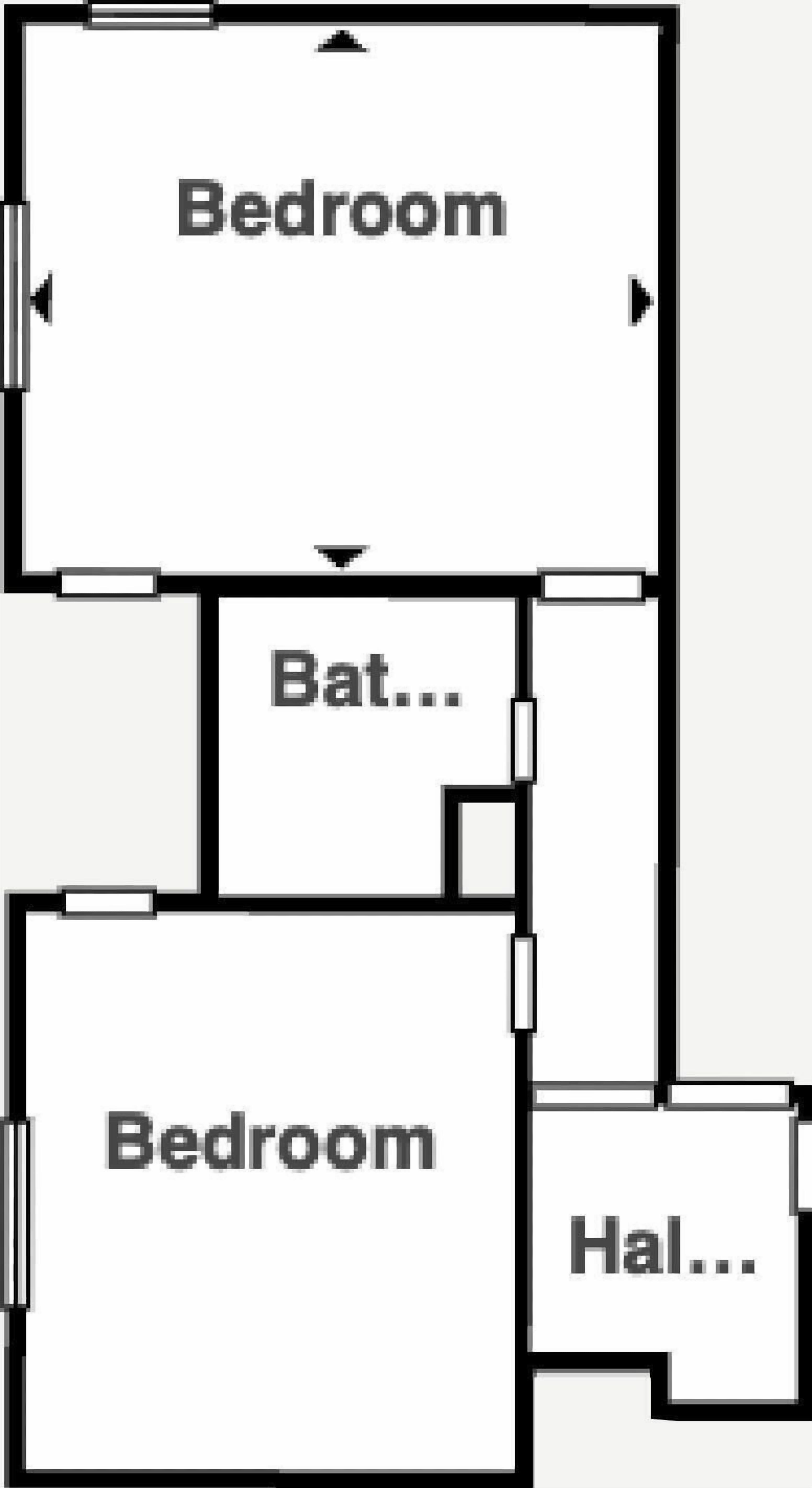 Un plan d’étage comprenant deux chambres, une salle de bain et un couloir.