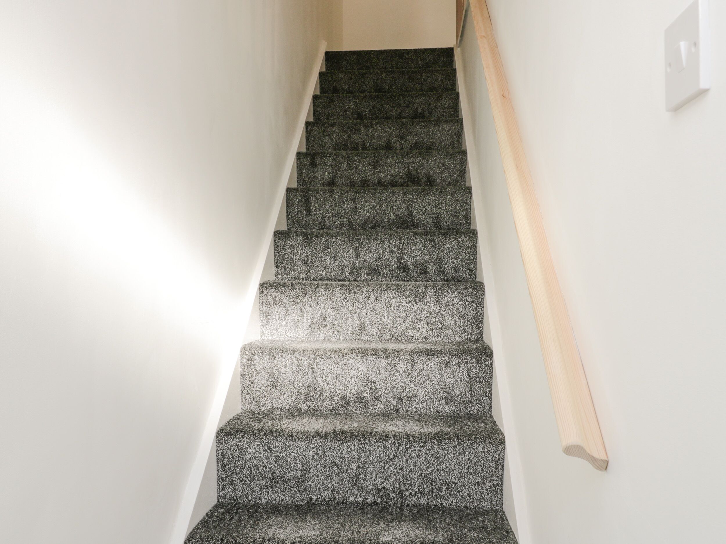 A staircase with a wooden handrail and carpeted steps.