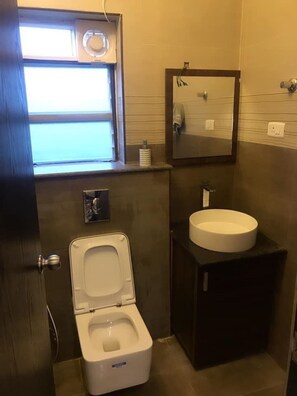 Shower, hair dryer, towels, toilet paper