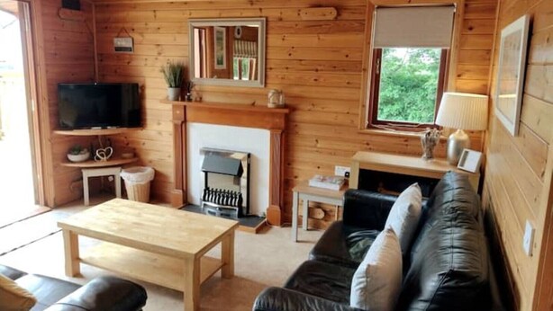 A cozy cabin interior with a wooden interior, a fireplace, a television, and a sofa. - Beacon Lodge, accessible, family and dog friendly. (NEWQUAY)
