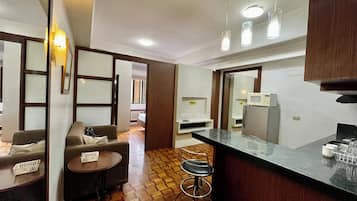 Shower, hair dryer, bidet, towels