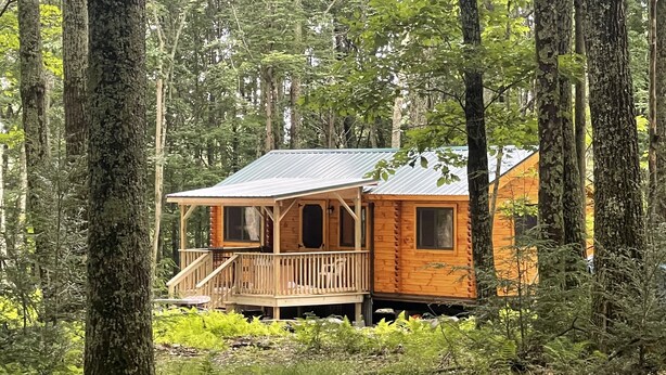 A cabin in a forest with a porch and a metal roof. - Ricketts Glen Fern View Cabin (Benton)
