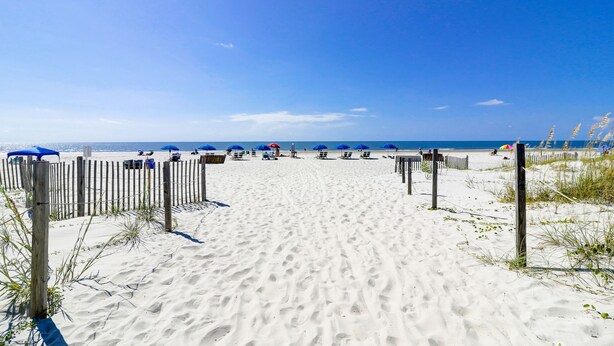 Ein Sandweg am Strand führt zum Meer, mit blauen Sonnenschirmen und Liegestühlen.