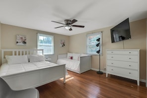 4 bedrooms, laptop workspace, iron/ironing board, travel cot
