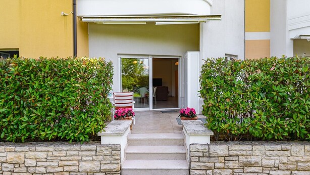 A building entrance with a stone staircase leading to a glass door, flanked by green hedges and potted plants. - ADRIA house with apartments / Adria APARTMENT C3 (Umag)