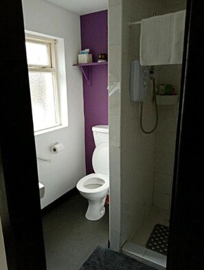 Ein Badezimmer mit Toilette, Dusche und Fenster.