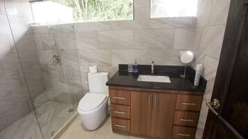 Shower, hair dryer, towels, soap