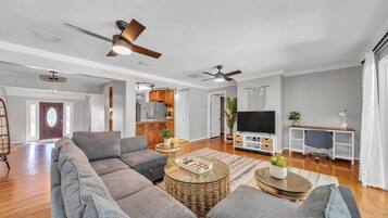 Televisión, chimenea y oficina