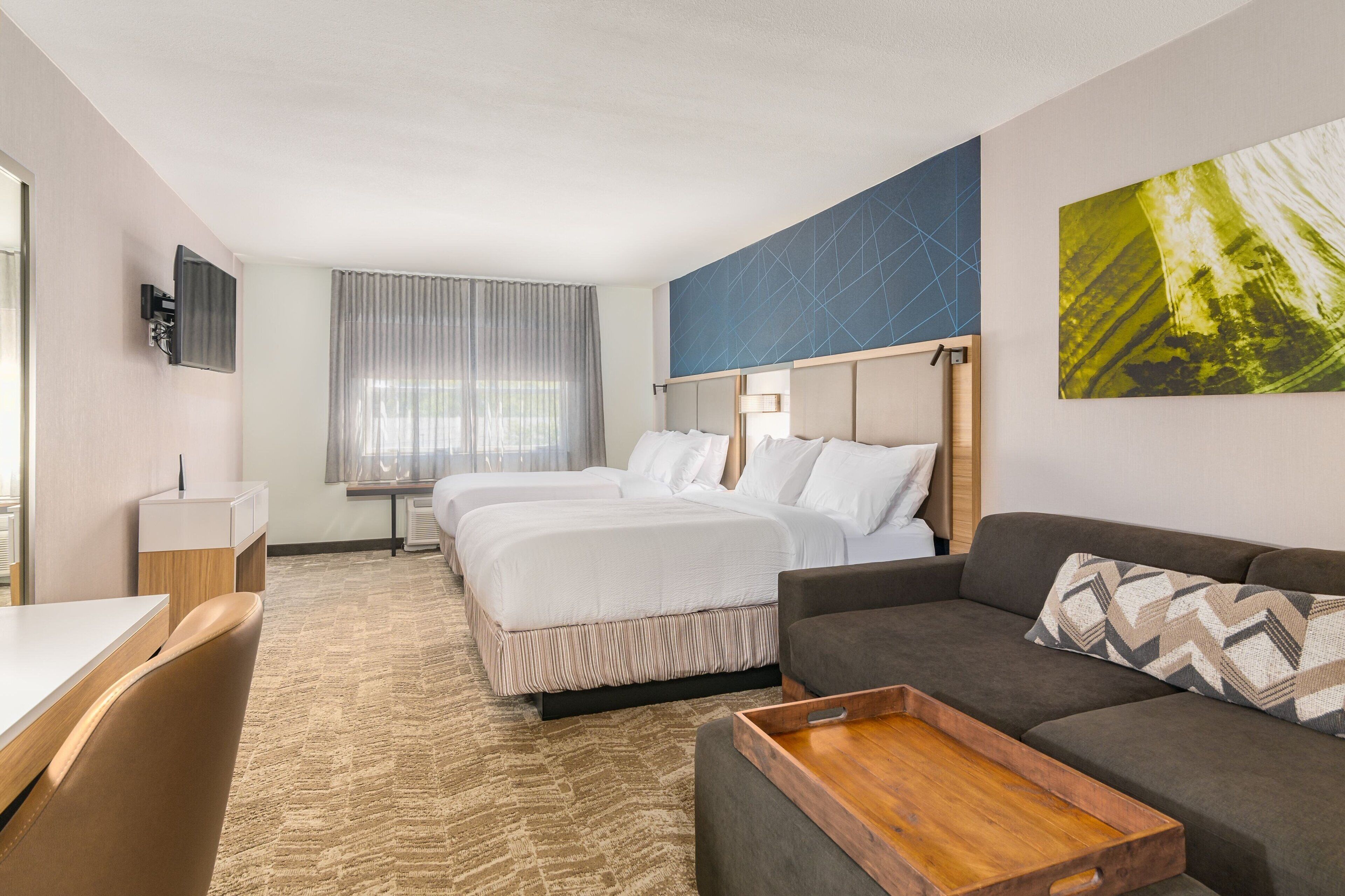 Una habitación de hotel con una cama grande, un sofá, un escritorio y un televisor.