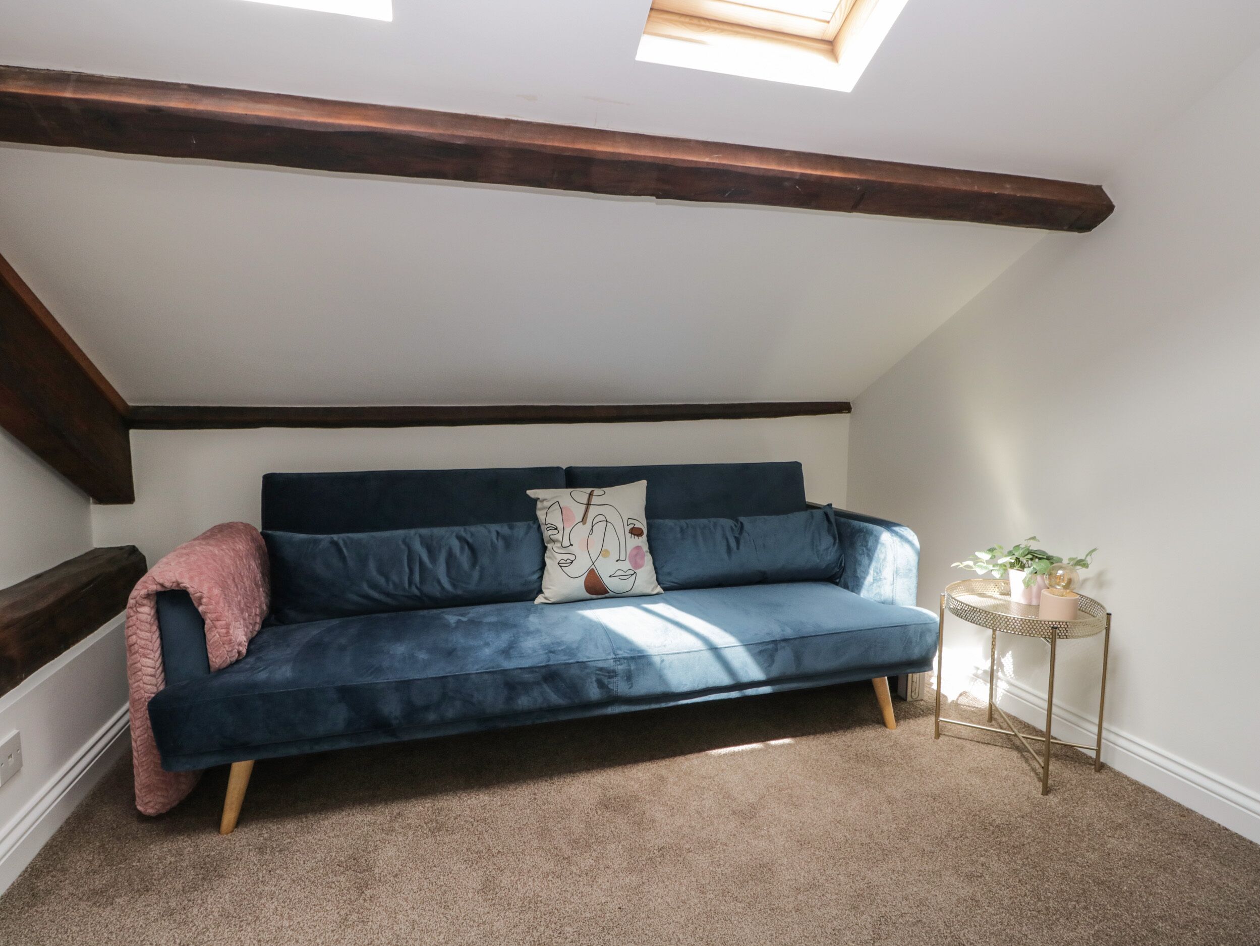 Een gezellige kamer met een donkerblauwe bank, een roze plaid en een klein bijzettafeltje met een plant.