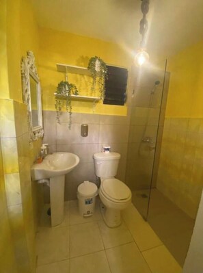 Douche, serviettes fournies, savon, shampoing