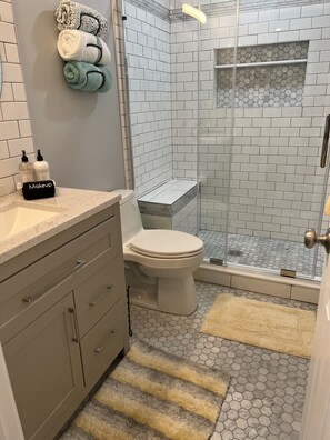 Shower, hair dryer, towels, soap