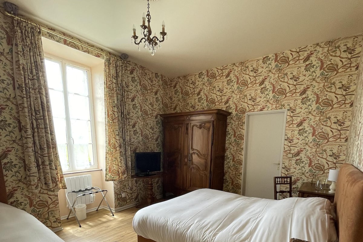 A bedroom with two beds, a wooden wardrobe, a television, and a chandelier.