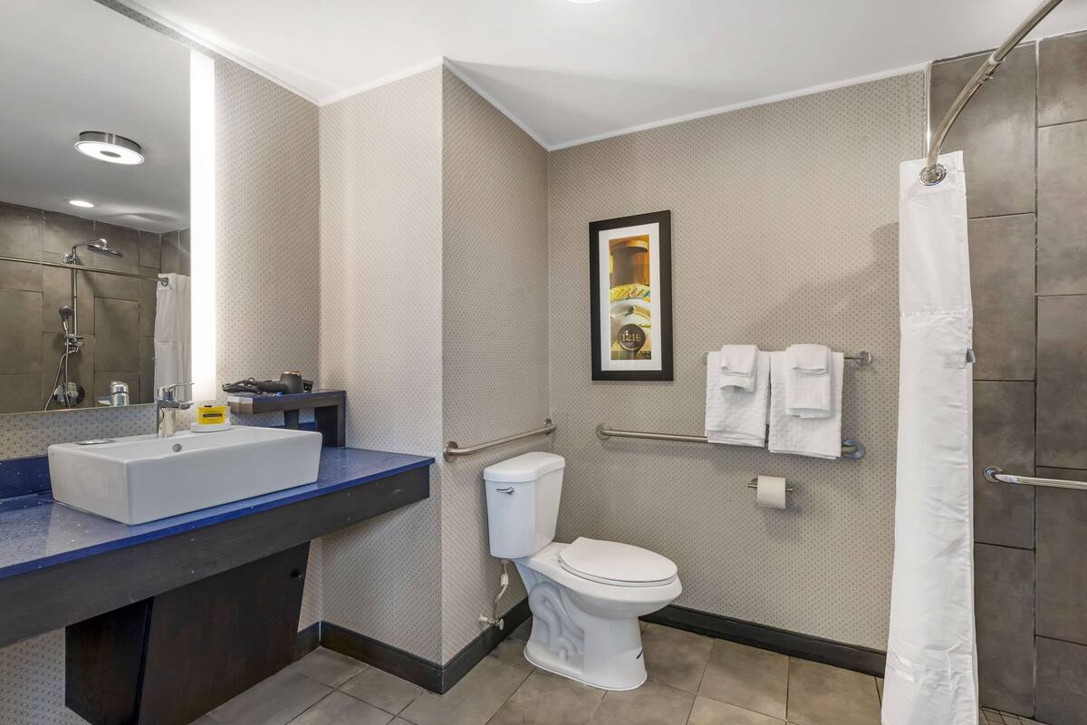 Une salle de bain moderne avec un grand lavabo, des toilettes et une douche.