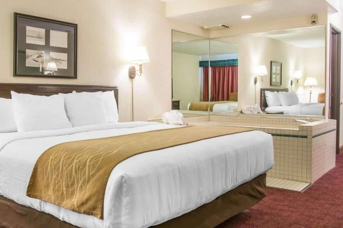 Habitación de hotel con una cama grande, una mesita de noche, un espejo, un baño con lavamanos y ducha.